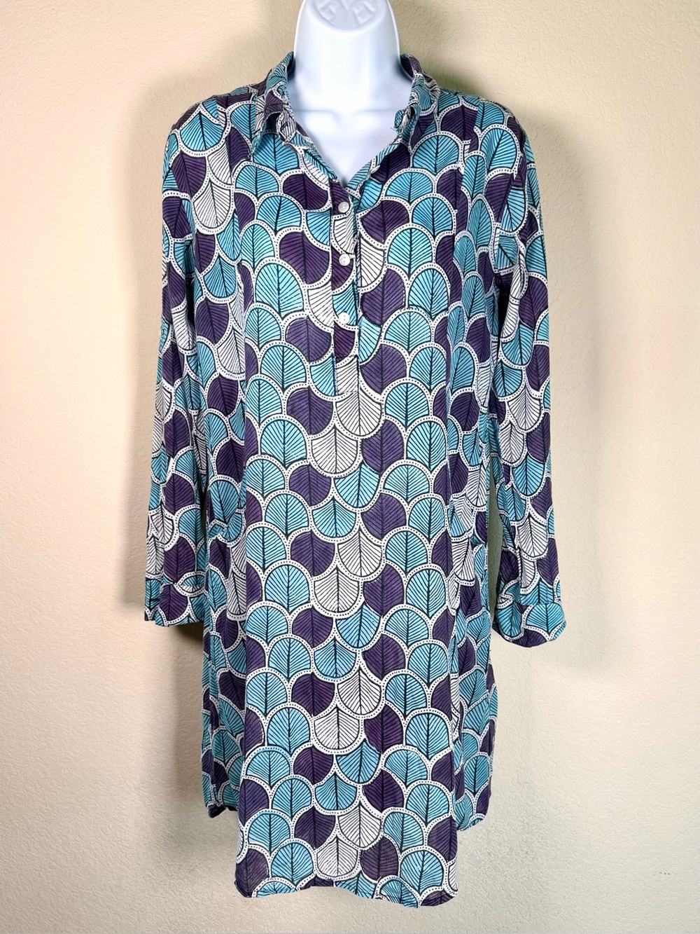 Roller Rabbit 100% Cotton Leaf Print Tunic Cover Up Dress Small Resort Beach